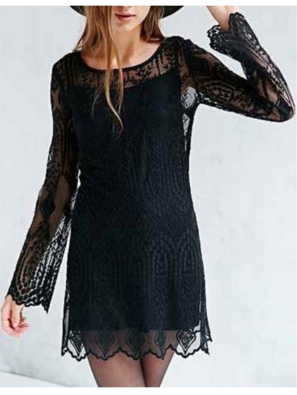Ecote | Dress | XS - Witchy Black Sheer Lace Long Sleeve Mini Dress